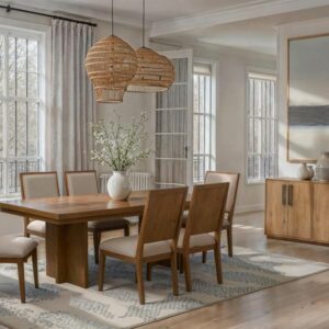 Magnussen Trestle Dining Set with 1-18” Leaf and 6 Upholstered Chairs